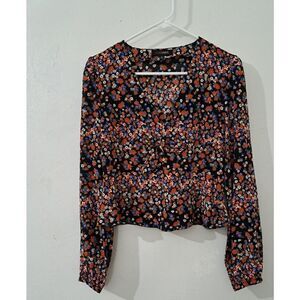 Intermix Womens Small 100% Silk Peplum Floral Top Longsleeve
